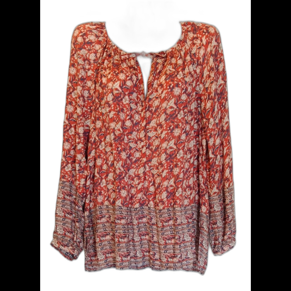 Lucky Brand Women's Rust Blush Pink Gray Floral Peasant Popover Top w/ Tie, Lg